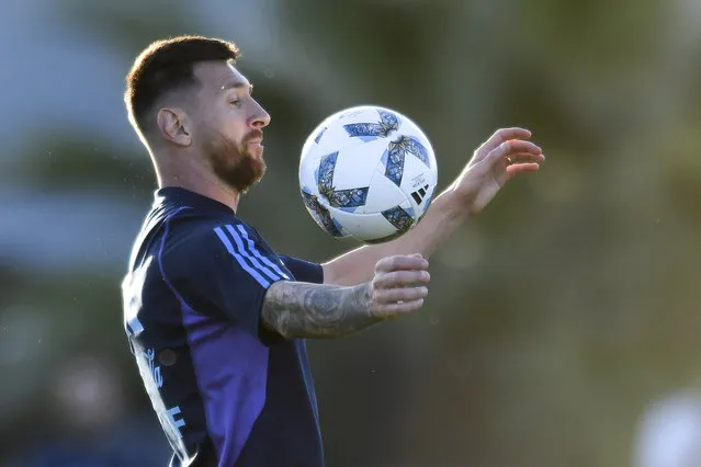 Argentina's Lionel Messi controls the ball during a training session of the national soccer team before a qualifying soccer match for the FIFA World Cup 2026, against Uruguay, at the Argentina Soccer Association facilities in Buenos Aires, Argentina, Tuesday, November 14, 2023. (Photo by Gustavo Garello/AP Photo)
