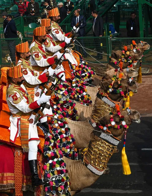 India's Border Security Force (BSF) camels contingent take part in the full dress rehearsal for the upcoming Indian Republic Day parade in New Delhi on January 23, 2019. India will be celebrating its 70th Republic Day on January 26. (Photo by Prakash Singh/AFP Photo)