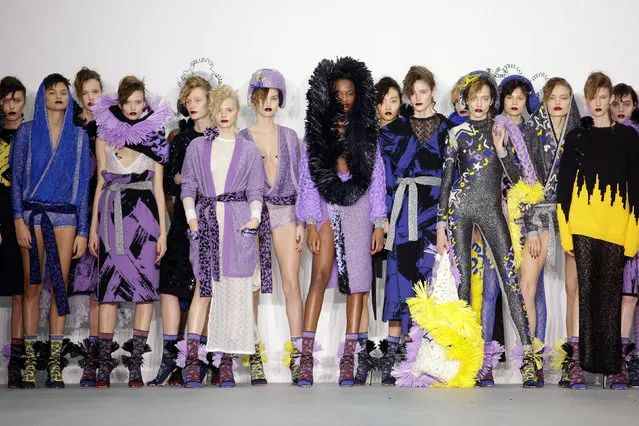 Models display creations  on the catwalk during the SIBLING Autumn/Winter 2016 show, part of London Fashion Week, in London, Saturday February 20, 2016. (Photo by Daniel Leal-Olivas/PA Wire via AP Photo)