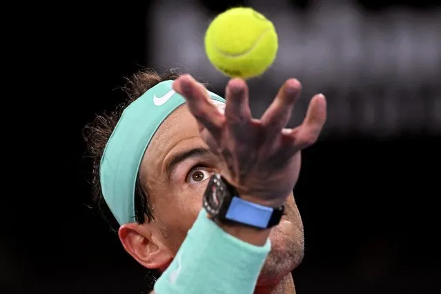 Spain's Rafael Nadal serves during his men's singles match against Jason Kubler of Australia at the Brisbane International tennis tournament in Brisbane on January 4, 2024. (Photo by William West/AFP Photo)