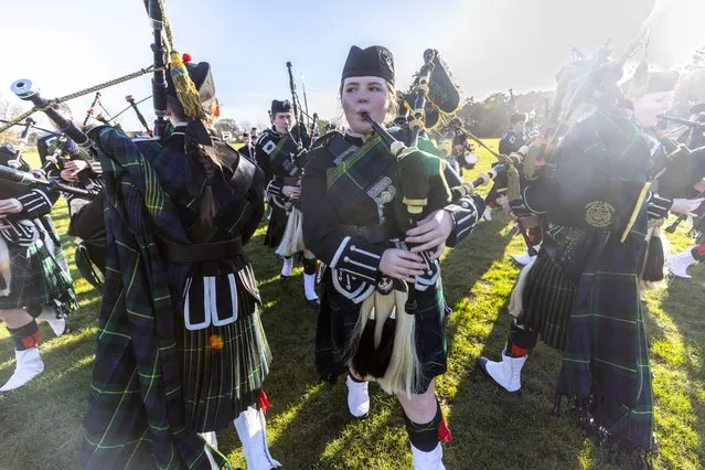 The Gordon’s School Pipes and Drums in the last decade of January 2024 rehearse for the Woking school’s annual Whitehall Parade on Saturday to honour the life of General Gordon, the British war hero and philanthropist in whose name the school was founded. (Photo by Richard Pohle/The Times)