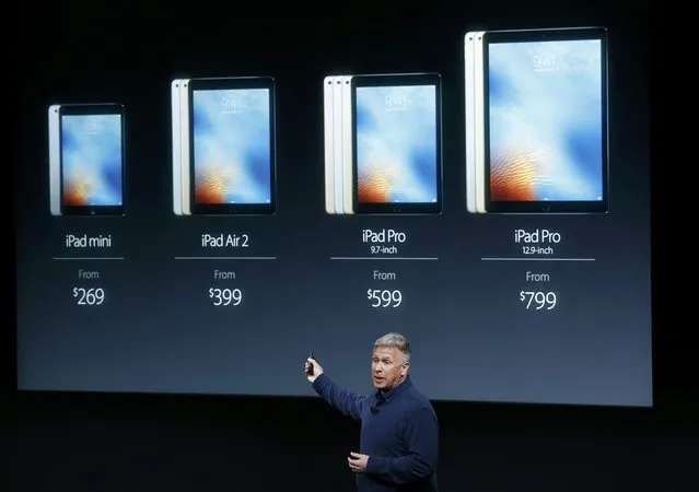 Phil Schiller, senior VP of worldwide marketing for Apple, introduces the iPad line during an event at the Apple headquarters in Cupertino, California March 21, 2016. (Photo by Stephen Lam/Reuters)