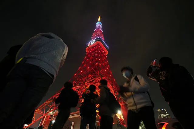Bystanders take pictures of the Tokyo Tower as it is illuminated in colors of the Los Angeles Angels to celebrate Shohei Ohtani's MVP award in Tokyo, Friday, November 19, 2021. Ohtani was unanimously voted Major League Baseball's American League MVP for a two-way season not seen since Babe Ruth, and Bryce Harper earned the National League honor for the second time. (Photo by Hiro Komae/AP Photo)