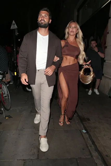 British TV personality's Dan Edgar and Amber Turner seen outside TOWIE season launch party at Aqua Nueva on August 15, 2022 in London, England. (Photo by Ricky Vigil M/GC Images)