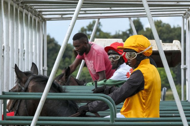 Jockey Paul Kimani riding Beeston in the starting stalls for the Kenya Derby at Ngong Racecourse in Nairobi, Kenya on April 21, 2024. (Photo by Kabir Dhanji/AFPPhoto)