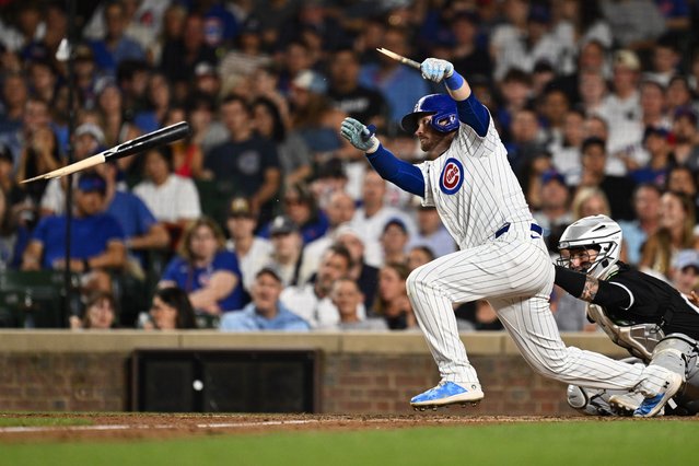 Ian Happ #8 of the Chicago Cubs hits a broken bat RBI single in the seventh inning against the Chicago White Sox at Wrigley Field on June 05, 2024 in Chicago, Illinois. (Photo by Jamie Sabau/Getty Images)