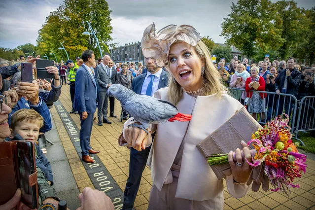 A parrot perches on the arm of the Netherland’s Queen Maxima during their region visit to South-West Drenthe on September 18, 2019 in Drenthe, Netherlands. (Photo by Patrick van Katwijk/WireImage)