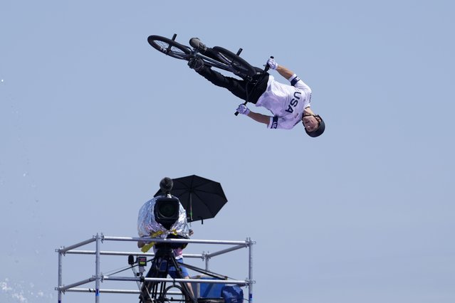 Marcus Christopher, of the United States, performs a trick during the cycling BMX freestyle men's park final at the 2024 Summer Olympics, Wednesday, July 31, 2024, in Paris, France. (Photo by Frank Franklin II/AP Photo)