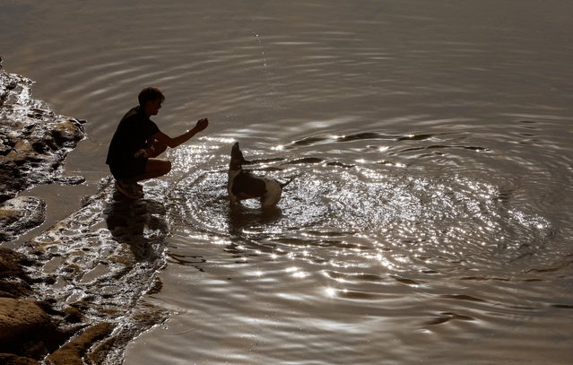 A man plays with his dog as they cool down in a rock pool after the Malta Airport MetOffice issued an orange alert for the Maltese islands because of rising temperatures, in Sliema, Malta on August 3, 2024. (Photo by Darrin Zammit Lupi/Reuters)