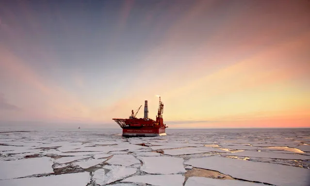 The Prirazlomnaya offshore ice-resistant oil-producing platform is seen at Pechora Sea, Russia on May 8, 2016. Prirazlomnaya is the world's first operational Arctic rig that process oil drilling, production and storage, end product processing and loading. (Photo by Sergey Anisimov/Anadolu Agency/Getty Images)