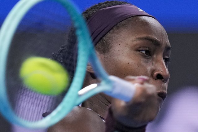 Coco Gauff of the United States returns a forehand shot to Yuliia Starodubtseva of Ukraine during the women's singles quarterfinals match of the China Open tennis tournament, at the National Tennis Center in Beijing, Thursday, October 3, 2024. (Photo by Andy Wong/AP Photo)