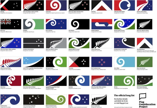 This August 11, 2015, image released by the New Zealand Flag Consideration Project shows 40 designs being considered as the new flag for New Zealand in Wellington, New Zealand. New Zealand is considering changing its flag. The public was encouraged to come up with ideas, and submitted over 10,000 designs. A government-appointed panel has winnowed those down to 40 finalists. (Photo by New Zealand Flag Consideration Project via AP Photo)