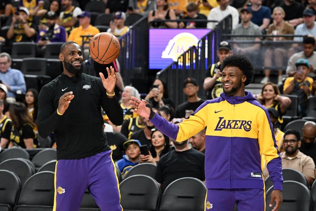 The American basketball star LeBron James, left, and his 20-year-old son Bronny in the second decade of October 2024 warm up before the Los Angeles Lakers’s pre-season game against the Golden State Warriors at the T-Mobile Arena in Las Vegas. The Lakers lost 111-97. (Photo by Candice Ward/Imagn Images)