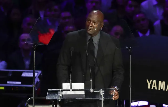 Former NBA player Michael Jordan cries while speaking during a celebration of life for Kobe Bryant and his daughter Gianna Monday, February 24, 2020, in Los Angeles. (Photo by Marcio Jose Sanchez/AP Photo)