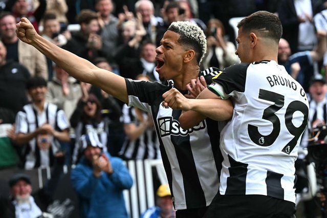Newcastle United's Danish striker #18 William Osula (L) celebrates scoring the team's third goal with Newcastle United's Brazilian midfielder #39 Bruno Guimaraes during the English Premier League football match between Newcastle United and Ipswich Town at St James' Park in Newcastle-upon-Tyne, north east England on April 26, 2025. (Photo by Paul Ellis/AFP Photo)