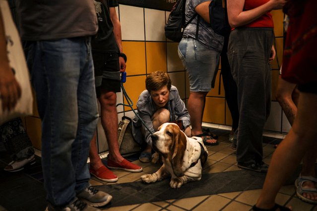 An Israeli woman attends a dog as people take cover inside a cable car tunnel following a missile attack from Iran on Israel, at Haifa, Israel on June 17, 2025. (Photo by Itay Cohen/Reuters)