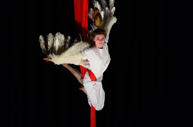 Molly Dowling  from the Galway Community Circus on stage, April 6, 2013. The Arts Council of Ireland held workshops in Siamsa Tire Tralee Co Kerry for young people from all parts of Ireland over the weekend. The Arts Council of Ireland is the Irish government agency for developing the arts. We work in partnership with artists, arts organisations, public policy makers and others to build a central place for the arts in Irish life. The Arts Council is in place to support of Young People, Children, and Education in 2011-2013. Young people from the workshops took to the stagh and held a  performance. (Photo by Domnick Walsh/Eye Focus LTD)