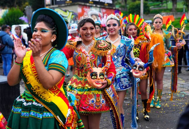 Contestants wait to perform in the Queen of Great Power contest, in La Paz, Bolivia, Wednesday, May 1, 2024. The contest takes place ahead of the Festival of the Lord Jesus of Great Power, a street party that celebrates a rendering of Jesus Christ with native features and outstretched arms. (Photo by Juan Karita/AP Photo)