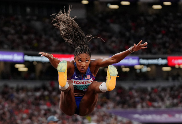 Tara Davis-Woodhall of the U.S. in action on her final attempt to win the gold on September 14, 2025. (Photo by Sarah Meyssonnier/Reuters)