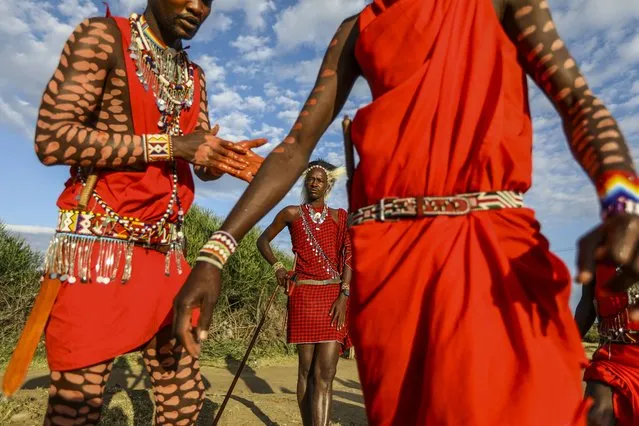 Members of the indigenous Maasai community in their traditional attire, prepare to perform at the inaugural Maasai Cultural Festival at the Sekenani village, at the world-famous Maasai Mara National Reserve, in Narok, Kenya, 10 June 2023. The festival, featured of presentation of Maasai cultural music, traditional food, artefacts, traditional sports like spear throwing, jumping competition and folktales, aims to promote tourism, cultural exchange and peace. (Photo by Daniel Irungu/EPA)