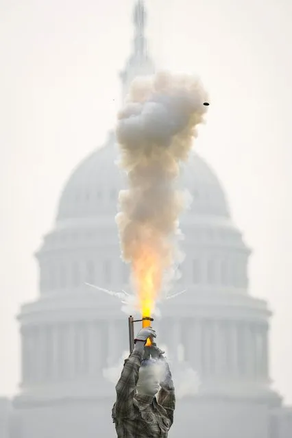 A mannequin explodes during a display of what can go wrong when launching fireworks from the body during an event held by the Consumer Product Safety Commission (CPSC) to demonstrate fireworks dangers and release statistics on fireworks-related deaths and injuries, on the National Mall June 29, 2023 in Washington, DC. According to data from the CPSC, there were 11 reported fireworks-related deaths and over 10,000 fireworks-related injuries in 2022. (Photo by Drew Angerer/Getty Images)
