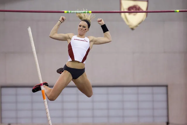 Arkansas' Sandi Morris celebrates after clearing the bar during the pole vault at the NCAA indoor track and field championships Saturday, March 14, 2015, in Fayetteville, Ark. (Photo by Gareth Patterson/AP Photo)