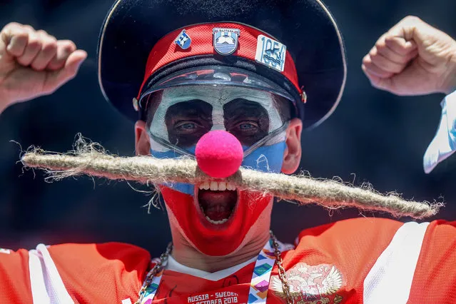 A Russia fan shows their support prior to the UEFA Euro 2020 Championship Group B match between Finland and Russia at Saint Petersburg Stadium on June 16, 2021 in Saint Petersburg, Russia. (Photo by Lars Baron/Getty Images)