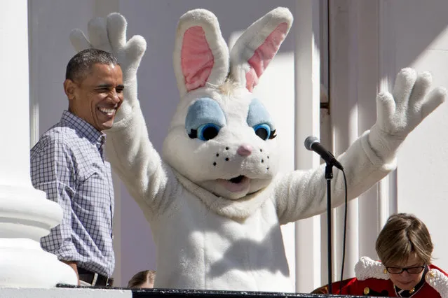 President Barack Obama smile next to the Easter Bunny during the White House Easter Egg Roll on the South Lawn of White House in Washington, Monday, April 6, 2015. Thousands of children gathered at the White House for the annual Easter Egg Roll. This year's event features live music, cooking stations, storytelling, and of course, some Easter egg roll. (Photo by Jacquelyn Martin/AP Photo)