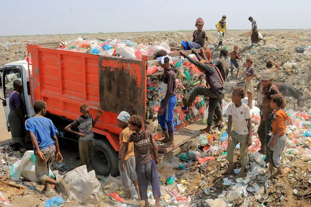 Youths collect recyclable items at a garbage dump in Yemen's Red Sea port city of Hodeida on August 15, 2023. (Photo by AFP Photo/Stringer)