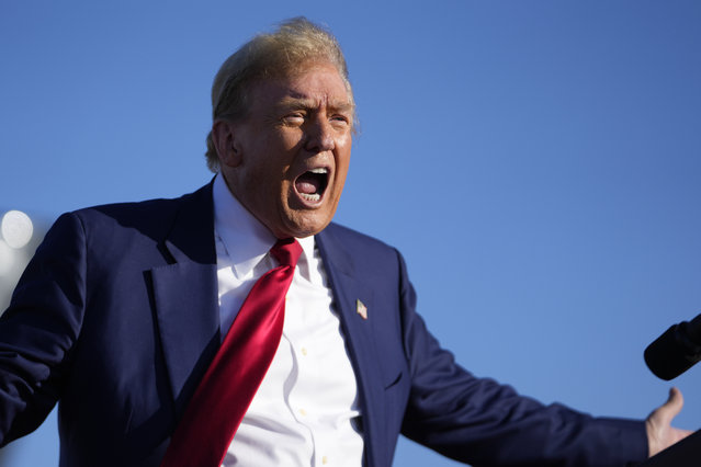 Republican presidential candidate former President Donald Trump speaks at a campaign rally in Freeland, Mich., Wednesday, May 1, 2024. (Photo by Paul Sancya/AP Photo)