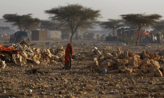 A Somali woman walks through a camp of people displaced from their homes elsewhere in the country by the drought, shortly after dawn in Qardho, Somalia Thursday, March 9, 2017. Somalia's government has declared the drought a national disaster, and the United Nations estimates that 5 million people in this Horn of Africa nation need aid, amid warnings of a full-blown famine. (Photo by Ben Curtis/AP Photo)