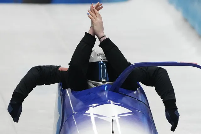 Margot Boch and Carla Senechal of France start during a 2-woman bobsled training at the 2022 Winter Olympics, Thursday, February 17, 2022, in the Yanqing district of Beijing. (Photo by Pavel Golovkin/AP Photo)