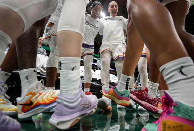 Natasha Cloud #0 and Diana Taurasi #3 of the Phoenix Mercury gather their team before the game against the Seattle Storm at Climate Pledge Arena on June 04, 2024 in Seattle, Washington. (Photo by Steph Chambers/Getty Images)