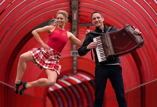 Accordion player and broadcaster Gary Innes performing with dancer Rachel McLagan at The Ovo Hydro, Glasgow on Tuesday, April 5, 2022, to help launch, Hoolie in the Hydro, the World's Biggest Ceilidh, which will take place this December. (Photo by Andrew Milligan/PA Images via Getty Images)