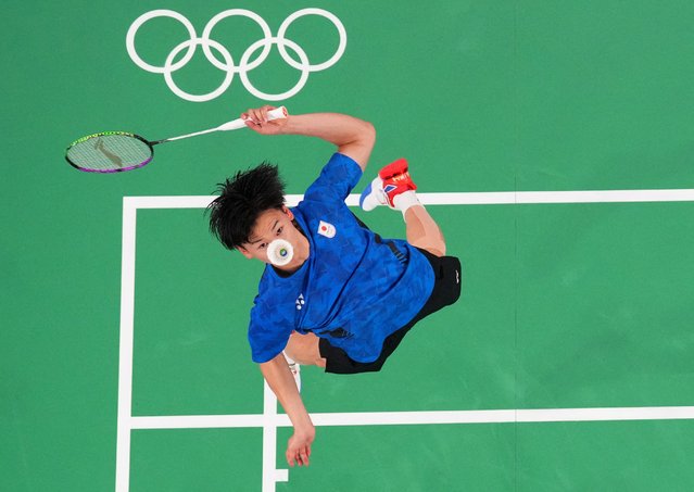 Yuta Watanabe of Japan in action during the match with Arisa Higashino of Japan against Dechapol Puavaranukroh and Sapsiree Taerattanachai of Thailand at Porte de La Chapelle Arena in Paris, France on July 31, 2024. (Photo by Ann Wang/Reuters)