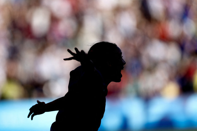 US' forward #09 Mallory Swanson celebrates scoring the opening goal in the women's gold medal final football match between Brazil and US during the Paris 2024 Olympic Games at the Parc des Princes in Paris on August 10, 2024. (Photo by Franck Fife/AFP Photo)