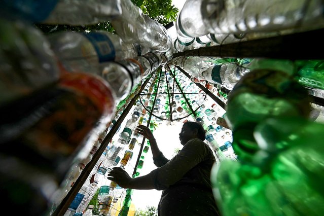 A man arranges used plastic bottles for an installation, in Chennai on September 6, 2024. (Photo by R.Satish Babu/AFP Photo)