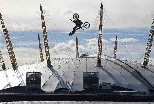 Action sports performer Travis Pastrana somersaults on his motorbike as he jumps between two barges on the River Thames with the O2 Arena sports venue seen behind, in London, Britain, October 5, 2017. (Photo by Toby Melville/Reuters)