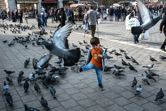 Children play amongst pigeons in front of Istanbul's Spice Bazaar on November 03, 2022 in Istanbul, Turkey. Turkey's official inflation rate topped 85.5% in October according to state statistics agency TUIK the highest level in 25 years. (Photo by Chris McGrath/Getty Images)
