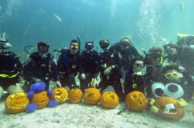 Participants pose with their creations during the  Underwater Pumpkin Carving Contest in the Florida Keys National Marine Sanctuary off Key Largo, Florida, October 19, 2014 in this handout photo provided by the Florida Keys News Bureau. The group of divers submerged 30 feet beneath the surface about six miles off Key Largo to carve jack-o-lanterns during the contest organized by the Amoray Dive Resort. (Photo by Bob Care/Reuters/Florida Keys News Bureau)