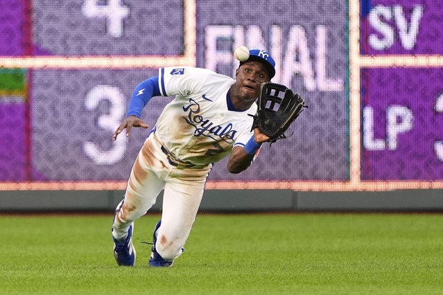 Kansas City Royals center fielder Tyler Tolbert catches a fly ball for the out on Colorado Rockies' Sean Bouchard during the ninth inning of the second baseball game of a doubleheader, Thursday, April 24, 2025, in Kansas City, Mo. (Photo by Charlie Riedel/AP Photo)