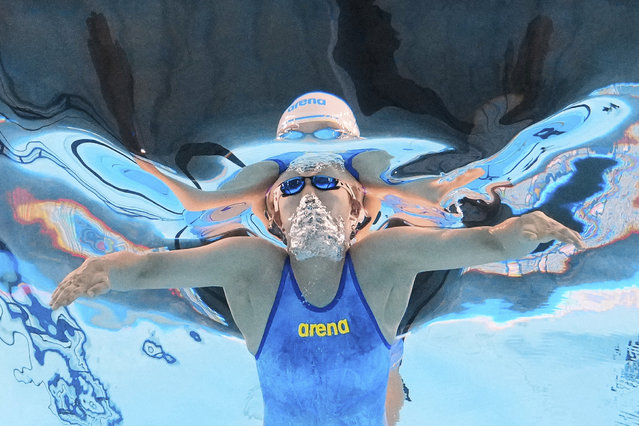 Ko Ha-ru of South Korea competes in the women's 100-meter breaststroke heat at the World Aquatics Championships in Singapore, Monday, July 28, 2025. (Photo by Lee Jin-man/AP Photo)