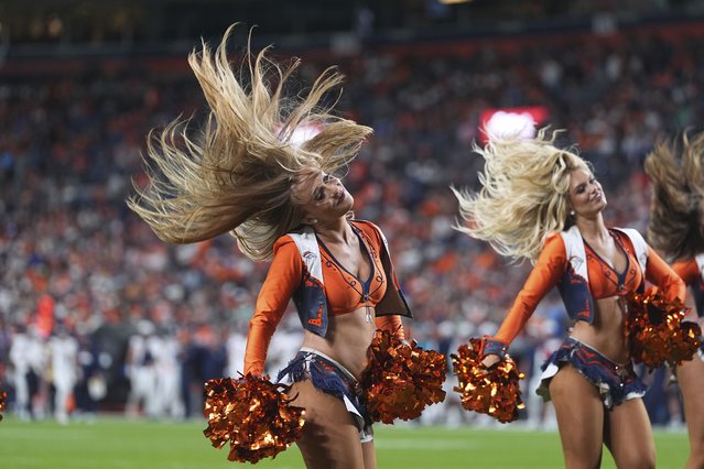 Denver Broncos cheerleaders perform during the first half of a preseason NFL football game between the Denver Broncos and the Arizona Cardinals, Saturday, August 16, 2025, in Denver. (Photo by David Zalubowski/AP Photo)