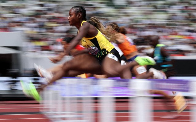 Ackera Nugent of Jamaica in action during the Women's 100m Hurdles Round 1 on September 14, 2025. (Photo by Edgar Su/Reuters)