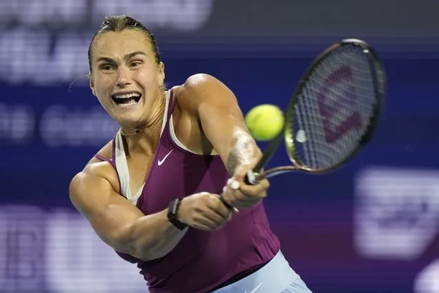 Aryna Sabalenka, of Belarus, returns a shot from Marie Bouzkova, of the Czech Republic, during the Miami Open tennis tournament, Sunday, March 26, 2023, in Miami Gardens, Fla. (Photo by Wilfredo Lee/AP Photo)