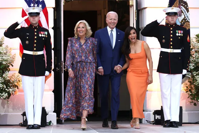 U.S. President Joe Biden, first lady Jill Biden and film director Eva Longoria arrive at a screening of the film “Flamin’ Hot ”on the South Lawn of the White House on June 15, 2023 in Washington, DC. (Photo by Alex Wong/Getty Images)
