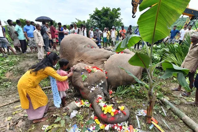 Villagers offer prayers next to the dead body of an elephant in Kamalpara village of Rani area on the outskirts of Guwahati on August 4, 2023, after three elephants, one mother and two calves, died electrocuted when they wondered in a village. (Photo by Biju Boro/AFP Photo)