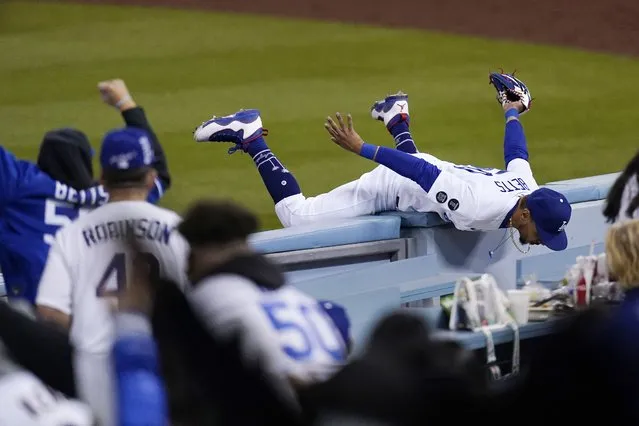Los Angeles Dodgers right fielder Mookie Betts hangs on the wall as fans cheer after making a catch on a ball hit by Arizona Diamondbacks' Tim Locastro during the seventh inning of a baseball game Monday, May 17, 2021, in Los Angeles. (Photo by Mark J. Terrill/AP Photo)
