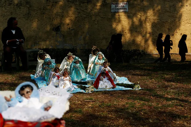 Dressed-up dolls representing baby Jesus are pictured during the annual Feast of Candelaria celebration, where elaborate effigies of young Jesus are carried to be blessed 40 days after his birth, in Xochimilco neighborhood in Mexico City, Mexico, February 2, 2017. (Photo by Carlos Jasso/Reuters)