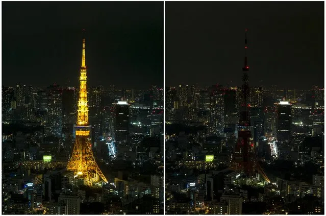 A combination picture shows an overview of central Tokyo with the illuminated Tokyo Tower at the centre before (L) and during Earth Hour, when its lights were switched off, Japan, March 19, 2016. (Photo by Thomas Peter/Reuters)